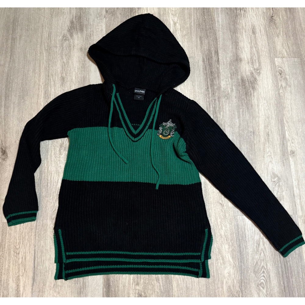 Harry Potter Slytherin Knit Hooded Sweater Small Green Black V Neck Wizarding‎